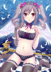 Rule 34 | 10s, 1girl, angel wings, bad id, bad pixiv id, blue flower, blue rose, blush, breasts, cleavage, drill hair, feathers, flower, frills, hairband, idolmaster, idolmaster cinderella girls, kaen (k-artworks), kanzaki ranko, lolita hairband, navel, open mouth, red eyes, rose, short hair, silver hair, sitting, sleeveless, solo, staff, thighhighs, twintails, wariza, wings