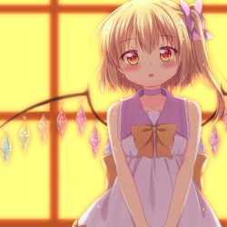 Rule 34 | 1girl, :o, alternate costume, bare arms, blonde hair, blush, bow, choker, collar, collarbone, commentary request, cowboy shot, crystal, dress, flandre scarlet, hair between eyes, hair ribbon, head tilt, highres, lavender bow, lavender dress, no headwear, no headwear, orange bow, purple choker, purple collar, red eyes, ribbon, short hair, short hair with long locks, side ponytail, sleeveless, sleeveless dress, slit pupils, solo, standing, sundress, tomo takino, touhou, v arms, window, wings