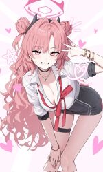 Rule 34 | 1girl, accessories, black choker, blue archive, blush, bracelet, breasts, choker, cleavage, collarbone, demon horns, double bun, fake horns, hair bun, halo, heart, highres, horns, jewelry, kirara (blue archive), leaning forward, medium breasts, naughty face, necklace, pink eyes, pink hair, pink halo, shirt, smile, solo, tem (tempainting1), v, white shirt