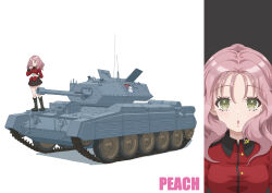 Rule 34 | 1girl, :o, absurdres, black footwear, black skirt, boots, character name, commentary, crusader (tank), cup, emblem, finger to mouth, girls und panzer, highres, holding, holding cup, jacket, knee boots, long hair, long sleeves, looking at viewer, military uniform, military vehicle, miniskirt, motor vehicle, peach (girls und panzer), pink hair, pleated skirt, qgkmn541, red jacket, skirt, st. gloriana&#039;s (emblem), st. gloriana&#039;s military uniform, standing, tank, teacup, uniform, wavy hair, white background