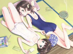 Rule 34 | 2girls, :o, ass, barefoot, black hair, blue eyes, blue one-piece swimsuit, bow, dktaka, hand fan, feet, floral print, food, from above, holding, holding fan, knees up, looking at viewer, lying, mosquito coil, multiple girls, old school swimsuit, on back, on stomach, one-piece swimsuit, original, paper fan, pillow, popsicle, school swimsuit, short hair, soles, sweat, swimsuit, tatami, toes, uchiwa, w arms, white school swimsuit, white one-piece swimsuit, wrapper