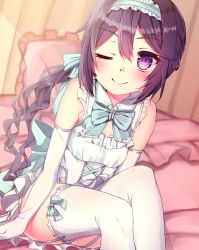 Rule 34 | 1girl, absurdres, akebono (kancolle), alternate costume, bad id, bad pixiv id, blush, closed mouth, elbow gloves, flower, gloves, hair ornament, highres, kantai collection, long hair, on bed, purple eyes, purple hair, side ponytail, sitting, smile, solo, thighhighs, very long hair, white background, white gloves, yuuzaki