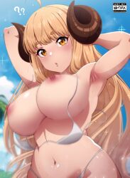 Rule 34 | 1girl, ?, ??, ahoge, anila (granblue fantasy), armpits, arms behind head, arms up, artist logo, artist name, bikini, blonde hair, breasts, female focus, granblue fantasy, highres, large breasts, long hair, looking at viewer, motion blur, motion lines, navel, ohdax, outdoors, parted lips, raised eyebrows, short eyebrows, solo, sweat, swimsuit, upper body, wardrobe malfunction, white bikini, yellow eyes