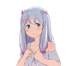Rule 34 | 10s, 1girl, bare shoulders, blue eyes, blush, bow, closed mouth, eromanga sensei, hair bow, highres, izumi sagiri, looking to the side, off shoulder, official style, okamen, pink bow, shirt, short sleeves, solo, t-shirt, transparent background, upper body