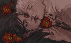 Rule 34 | 2boys, black hair, chin rest, couple, eren yeager, eyelashes, facial hair, flower, hand on another&#039;s chest, head on head, head rest, highres, holding hands, long hair, male focus, multiple boys, red flower, reiner braun, rora (auroradiation), shingeki no kyojin, short hair, sleeping, sleeping on person, stubble, thick eyebrows, upper body, yaoi