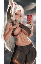 Rule 34 | 1girl, abs, animal ears, bare arms, bare shoulders, black pants, black sports bra, blurry, blurry background, blush, boku no hero academia, breasts, cellphone, commentary, dark-skinned female, dark skin, english commentary, grin, highres, large breasts, long hair, looking at viewer, mirko, navel, pants, parted lips, patreon username, phone, ponytail, rabbit ears, red eyes, smartphone, smile, solo, sports bra, sweat, teeth, thick thighs, thighs, tofuubear, white hair