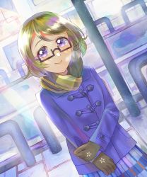 Rule 34 | 1girl, artist name, artist request, black coat, blue skirt, blush, breasts, brown gloves, brown hair, buttons, checkered clothes, checkered skirt, coat, earmuffs, female focus, glasses, gloves, hair between eyes, hand on own wrist, highres, koizumi hanayo, long sleeves, looking at viewer, love live!, love live! school idol festival, love live! school idol project, miniskirt, orange scarf, parted lips, plaid, plaid skirt, pleated, pleated skirt, purple eyes, scarf, semi-rimless eyewear, short hair, skirt, smile, solo