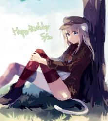 Rule 34 | 1girl, animal ears, bad id, bad twitter id, blue eyes, cat ears, cat tail, happy birthday, hat, light brown hair, long hair, ohashi (hashidate), solo, strike witches, striped clothes, striped thighhighs, tail, thighhighs, tree, wilma bishop, world witches series