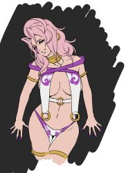 Rule 34 | 1girl, against wall, breasts, cleavage, cowboy shot, earrings, flat color, horns, jewelry, kuroi ani, large breasts, long hair, looking at viewer, makeup, midriff, original, pink hair, pointy ears, purple eyes, single horn, solo, tattoo, thighs