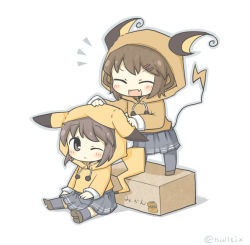Rule 34 | 2girls, :&lt;, bad id, bad pixiv id, box, brown eyes, brown hair, chibi, cosplay, creatures (company), closed eyes, fang, game freak, gen 1 pokemon, hair ornament, hairclip, hood, hooded jacket, ikazuchi (kancolle), inazuma (kancolle), jacket, kantai collection, mikan box, multiple girls, nintendo, one eye closed, open mouth, pantyhose, parody, personification, pikachu, pikachu (cosplay), pokemon, pun, raichu, raichu (cosplay), siblings, sisters, sitting, tail, twitter username, wink, yuasan