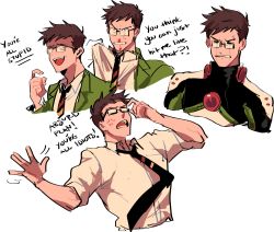 Rule 34 | 1boy, anger vein, angry, bad id, bad twitter id, black necktie, blazer, blood, bodysuit, brown eyes, brown hair, crying, english text, expressions, glasses, henry the green engine, jacket, kendy (revolocities), male focus, matching hair/eyes, necktie, nosebleed, personification, school uniform, shirt grab, short hair, simple background, solo, striped necktie, striped neckwear, tears, thomas the tank engine, unworn blazer, white background