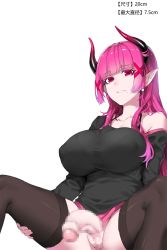 Rule 34 | 1girl, blunt bangs, breasts, censored, commentary request, futanari, highres, horns, large breasts, long hair, long sleeves, looking at viewer, mole, mole under mouth, no testicles, original, parted lips, penis, pink eyes, pink hair, pointy ears, simple background, skirt, solo, spread legs, teeth, thighhighs, white background, xiangzi box