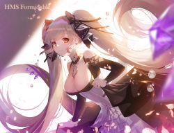 Rule 34 | 1girl, apple caramel, azur lane, bare shoulders, between breasts, black dress, blonde hair, blush, breasts, character name, cleavage, closed mouth, dress, earrings, flight deck, floating hair, formidable (azur lane), frilled dress, frills, hair ornament, hair ribbon, highres, jewelry, large breasts, leaning forward, long hair, long sleeves, looking at viewer, red eyes, ribbon, rigging, skindentation, skirt hold, smile, solo, twintails