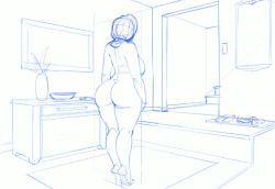 Rule 34 | 1girl, ass, breasts, curvy, from behind, high heels, house, huge ass, indoors, legs together, living room, lm (legoman), medium breasts, mature female, monochrome, nude, original, pumps, sideboob, sketch, solo, stairs, standing, thick thighs, thighs, wide hips