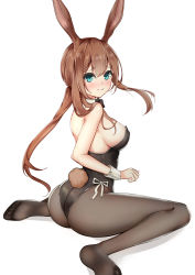 Rule 34 | 1girl, amiya (arknights), animal ears, arknights, ass, bare shoulders, black pantyhose, blue eyes, blush, breasts, brown hair, commentary request, fake animal ears, from behind, hair between eyes, highres, kinyoubi no nangong da, large breasts, leotard, long hair, looking at viewer, no shoes, pantyhose, playboy bunny, rabbit ears, rabbit tail, simple background, sitting, smile, soles, solo, tail, twintails, white background, wrist cuffs