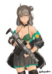 Rule 34 | 1girl, aac honey badger, absurdres, advanced armament corporation, ahoge, assault rifle, bikini, bikini top only, black gloves, black jacket, black thighhighs, breasts, carbine, choker, cleavage, closed mouth, fingerless gloves, girls&#039; frontline, gloves, grey hair, grey skirt, gun, hair bun, highres, holding, holding gun, holding weapon, honey badger (girls&#039; frontline), integral suppressor, integrally-suppressed firearm, jacket, lithographica, long hair, medium breasts, nail polish, off shoulder, personal defense weapon, purple eyes, q (firearms company), rifle, simple background, single glove, single hair bun, skirt, smiley face, solo, suppressor, swimsuit, thighhighs, weapon, white background