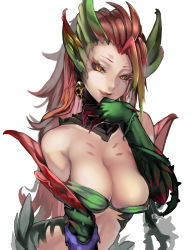 Rule 34 | 1girl, :q, breasts, claws, cleavage, highres, kumiko shiba, large breasts, league of legends, long hair, looking at viewer, red hair, simple background, slit pupils, solo, tongue, tongue out, white background, yellow eyes, zyra