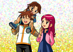 Rule 34 | 1girl, 2boys, absurdres, age difference, aged down, asayanen, bracelet, brown eyes, carrying over shoulder, child, dress, hair between eyes, hair ornament, hairpin, highres, hub hikari (mega man), jewelry, lan hikari (mega man), long hair, long sleeves, mayl sakurai (mega man), mega man (series), mega man battle network (series), multiple boys, official style, one eye closed, pink hair, shoes, sidelocks, smile, spiked hair, teeth, upper teeth only