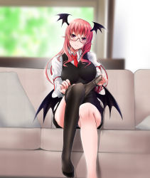 Rule 34 | 1girl, black panties, black pantyhose, black wings, breasts, closed mouth, clothes pull, collared shirt, couch, feet, head tilt, head wings, highres, indoors, juliet sleeves, koakuma, large breasts, leg lift, light smile, long sleeves, looking at viewer, necktie, no shoes, panties, pantyhose, pantyhose pull, pantyshot, pillow, pointy ears, puffy sleeves, red-framed eyewear, red eyes, red hair, red necktie, semi-rimless eyewear, shirt, sitting, solo, touhou, under-rim eyewear, underwear, vest, wing collar, wings, yumi (careca398)