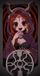 Rule 34 | 1girl, :d, absurdres, artist name, black dress, braid, braided ponytail, breasts, cleavage, cloak, dress, earrings, empty eyes, fiona gilman, hair over shoulder, head tilt, highres, hoge (n8sss), hood, hood up, hooded cloak, horns, identity v, jewelry, long hair, open mouth, red hair, single braid, smile, solo, stitched neck, stitches, wide sleeves