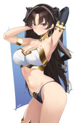Rule 34 | 1girl, absurdres, armlet, armpits, arms behind head, arms up, ass, bandeau, bare shoulders, bikini, black hair, blush, bracelet, breasts, cleavage, curvy, detached sleeves, earrings, fate/grand order, fate (series), gold trim, hair ribbon, highres, hoop earrings, ishtar (fate), jewelry, kurozawa yui, large breasts, long hair, looking at viewer, mismatched bikini, navel, neck ring, parted bangs, red eyes, ribbon, shiny skin, single detached sleeve, solo, strapless, swimsuit, thighs, thong, tube top, twintails, two side up, very long hair, wide hips