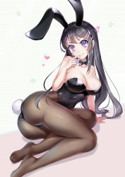 Rule 34 | &gt;:), 10s, 1girl, animal ears, arm support, asanogawa (tutufcc), ass, black bow, black bowtie, black hair, black hairband, black leotard, blush, bow, bowtie, breasts, brown pantyhose, cleavage, closed mouth, collar, covered navel, detached collar, fake animal ears, feet, hair ornament, hairband, hairclip, hand up, head tilt, highres, large breasts, leotard, long hair, no shoes, pantyhose, playboy bunny, purple eyes, rabbit ears, rabbit tail, sakurajima mai, seishun buta yarou, smile, solo, strapless, strapless leotard, striped, striped background, tail, v-shaped eyebrows, very long hair, white collar