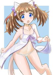 Rule 34 | 10s, 1girl, animal ears, babydoll, blue background, blue eyes, brave witches, brown hair, georgette lemare, hair ribbon, panties, red liquid (artist), ribbon, solo, strike witches, tail, twintails, underwear, white background, white border, white panties, world witches series
