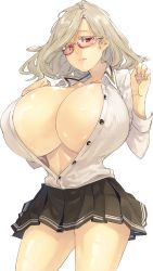 Rule 34 | 1girl, breasts, bursting breasts, character request, cleavage, glasses, hand on own chest, highres, huge breasts, looking at viewer, miniskirt, muneneko, nails, narrowed eyes, navel, no bra, open clothes, open shirt, red eyes, school uniform, shiny skin, skin tight, skirt, solo, standing, tight clothes, white background, white hair