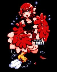 Rule 34 | 1girl, animal ears, artist name, bare shoulders, bird ears, bird legs, black background, black tank top, commentary request, feathered wings, feathers, harpy, monster girl, open mouth, original, pixel25251, pixel art, red eyes, red feathers, red hair, red wings, simple background, solo, talons, tank top, winged arms, wings