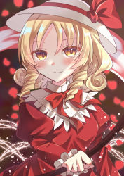 Rule 34 | blonde hair, blush, bow, bowtie, breasts, closed mouth, collared dress, curly hair, dress, drill hair, drill sidelocks, elly (touhou), hat, hat bow, holding, holding scythe, juliet sleeves, long sleeves, looking at viewer, medium breasts, nami7711, puffy sleeves, red bow, red bowtie, red dress, scythe, sidelocks, smile, sun hat, touhou, touhou (pc-98), white hat, yellow eyes
