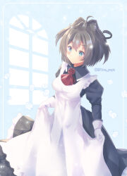 Rule 34 | 1girl, ahoge, apron, aqua eyes, artist name, ascot, blue background, blue eyes, blush, breasts, brown hair, closed mouth, dress, falling flower, flower, frilled dress, frills, gloves, heart, highres, hiiro yuya, kantai collection, looking ahead, maid, medium breasts, red ascot, red flower, rose, sheffield (kancolle), sparkle, translation request, twitter username, white apron, white flower, white gloves, window