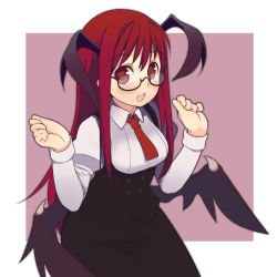 Rule 34 | 1girl, :d, bat wings, bespectacled, blush, demon wings, embodiment of scarlet devil, fang, female focus, glasses, head wings, highres, koakuma, long hair, necktie, open mouth, oza watto, red eyes, red hair, red necktie, smile, solo, touhou, wings