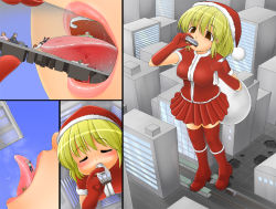 Rule 34 | 3boys, 3girls, blonde hair, boots, christmas, city, eating, giant, giantess, guro, hat, kanahebi, mini person, miniboy, multiple boys, multiple girls, original, santa costume, santa hat, scared, screaming, size difference, soft vore, standing, thigh boots, thighhighs, train, vore