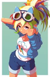 Rule 34 | 1girl, absurdres, arms behind head, blue shorts, border, breasts, goggles, goggles on head, green background, highres, looking at viewer, multicolored hair, my little pony, purple eyes, rainbow dash, rockset, shorts, sleeves rolled up, smile, white border