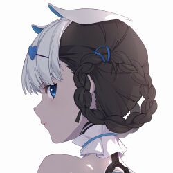 Rule 34 | 1girl, absurdres, bambinata (punishing: gray raven), black hair, blue eyes, braid, collar, cyborg, detached collar, from behind, hair ornament, hairclip, highres, lzypoipoi, multicolored hair, punishing: gray raven, two-tone hair, white background, white collar, white hair