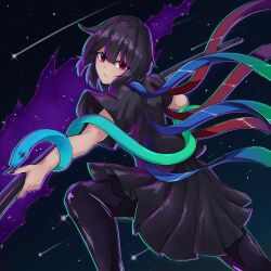 Rule 34 | 1girl, :/, asymmetrical wings, black dress, black hair, blue wings, closed mouth, comet, dress, highres, holding, holding polearm, holding weapon, houjuu nue, looking at viewer, polearm, red eyes, red wings, short hair, snake armband, solo, star (sky), tierra misu, touhou, weapon, wings