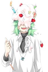 Rule 34 | 10s, 1boy, cake, candle, creatures (company), food, fruit, game freak, green hair, image sample, jewelry, long hair, male focus, n (pokemon), necklace, nintendo, open mouth, pink-ball, pixiv sample, pokemon, pokemon bw, ponytail, resized, simple background, smile, solo, strawberry, thumbs up, what