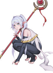Rule 34 | 1girl, adapted costume, aqua eyes, bare shoulders, black pantyhose, blue nails, blush, bridal legwear, bright pupils, detached sleeves, earrings, feet, frieren, full body, grey hair, grey leotard, highres, holding, holding staff, jewelry, legs, leotard, long hair, mool yueguang, nail polish, no shoes, pantyhose, parted bangs, parted lips, pointy ears, solo, sousou no frieren, squatting, staff, stirrup legwear, tiptoes, toeless legwear, toenail polish, toenails, toes, twintails, very long hair