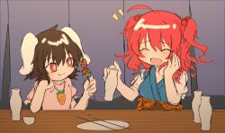 Rule 34 | 2girls, animal ears, black hair, carrot necklace, closed eyes, closed mouth, commentary, eating, floppy ears, food, hair bobbles, hair ornament, highres, holding, holding food, inaba tewi, indoors, jewelry, looking at another, multiple girls, necklace, onozuka komachi, open mouth, rabbit ears, rabbit girl, red eyes, red hair, short hair, short sleeves, tokkuri, tomori yukari, touhou, two side up, upper body