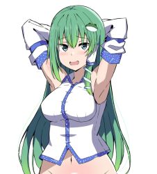 Rule 34 | 1girl, armpits, arms up, breasts, collared shirt, detached sleeves, frog hair ornament, green eyes, green hair, hair ornament, hair tubes, highres, japanese clothes, kochiya sanae, large breasts, long hair, looking at viewer, miko, navel, no panties, no pants, nontraditional miko, out-of-frame censoring, shirt, simple background, single sidelock, sleeveless, sleeveless shirt, snake hair ornament, solo, touhou, to~fuya, white background, white shirt