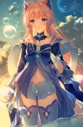 Rule 34 | 1girl, absurdres, arm at side, babydoll, bare shoulders, blue gemstone, bow-shaped hair, bshi edayo, bubble, cloud, colored tips, cowboy shot, evening, gem, genshin impact, gloves, half gloves, head wings, highres, long hair, looking at viewer, multicolored hair, navel, outstretched hand, pink hair, purple eyes, sangonomiya kokomi, shorts, sidelocks, sky, smile, solo, thighhighs, two-tone hair, vision (genshin impact), wading, water, white gloves, wings