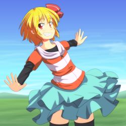 Rule 34 | 1girl, alternate costume, aqua skirt, black thighhighs, blonde hair, blue sky, cato (monocatienus), cowboy shot, day, fang, grin, hair ribbon, hood, hoodie, jacket, long sleeves, looking at viewer, outdoors, outstretched arms, red eyes, ribbon, rumia, short hair, skirt, sky, smile, solo, spread arms, striped clothes, striped jacket, teeth, thighhighs, touhou, zettai ryouiki