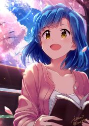 Rule 34 | :d, artist name, blue hair, blue sky, book, braid, cardigan, cherry blossoms, collarbone, dappled sunlight, dot nose, eyelashes, falling petals, forehead, holding, holding book, idolmaster, idolmaster million live!, idolmaster million live! theater days, ima (lm ew), long sleeves, on bench, open mouth, outdoors, parted bangs, petals, pink cardigan, shirt, short hair, sidelocks, sky, smile, sunlight, upper body, white shirt, yellow eyes