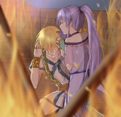 Rule 34 | 1boy, 1girl, blonde hair, blue hair, medea (lily) (fate), dress, earrings, closed eyes, fate/grand order, fate/stay night, fate (series), fire, gloves, jason (fate), jewelry, long hair, pointy ears, ponytail, short hair, tears, very long hair