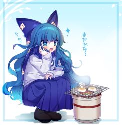 Rule 34 | + +, 1girl, :d, black footwear, blue background, blue bow, blue hair, blue skirt, bow, commentary request, debt, food, full body, gradient background, grill, hair bow, hand on own cheek, hand on own face, kujou mikuru, long hair, long sleeves, open mouth, shichirin, sitting, skirt, sleeves past wrists, smile, solo, sparkle, sweater, touhou, translation request, white sweater, yorigami shion