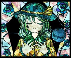 Rule 34 | 1girl, black border, black hat, blouse, blue flower, blue rose, border, buttons, closed eyes, closed mouth, commentary, crying, diamond button, facing viewer, flower, frilled shirt collar, frilled sleeves, frills, green hair, hands on own chest, hands up, hat, hat ribbon, heart, heart of string, highres, komeiji koishi, long sleeves, medium hair, ribbon, rose, sanae11247, shirt, smile, solo, split mouth, stained glass, tears, third eye, touhou, upper body, yellow ribbon, yellow shirt
