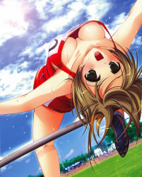 Rule 34 | 1girl, :d, absurdres, arched back, blush, breasts, brown hair, cleavage, cloud, day, downblouse, dutch angle, covered erect nipples, grass, green eyes, highres, horizontal bar, jumping, kneepits, lens flare, looking at viewer, medium breasts, misakura nankotsu, no bra, open mouth, outdoors, outstretched arms, photo background, scan, shoes, short hair, short shorts, shorts, sideboob, sky, smile, sneakers, solo, spread arms, sun, sweat, tank top, track and field, uniform, upside-down