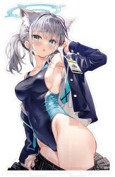 Rule 34 | 1girl, animal ear fluff, animal ears, black jacket, blue archive, blue eyes, blurry, blurry background, blush, breasts, clothes pull, collarbone, commentary request, competition swimsuit, covered navel, cowboy shot, cross hair ornament, depth of field, extra ears, fujima takuya, grey hair, hair between eyes, hair ornament, halo, highleg, highleg swimsuit, indoors, jacket, long hair, long sleeves, looking at viewer, medium breasts, mismatched pupils, official alternate costume, one-piece swimsuit, open clothes, open jacket, open mouth, open shirt, parted lips, plaid, plaid skirt, pleated skirt, shiroko (blue archive), shiroko (swimsuit) (blue archive), simple background, skirt, skirt pull, solo, standing, swimsuit, swimsuit under clothes, thighhighs, thighs, undressing, wet, white background, wolf ears