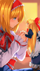 Rule 34 | 1girl, 2girls, alice margatroid, animal ears, blonde hair, blue eyes, boots, bow, capelet, doll, dress, eye contact, frills, from side, hair bow, hairband, highres, holding hands, kanzen bouon, lolita hairband, long hair, long sleeves, looking at another, mini person, minigirl, multiple girls, red bow, ribbon, shanghai doll, short hair, smile, standing, touhou
