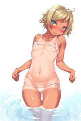 Rule 34 | 1girl, ahoge, aqua eyes, bare shoulders, belly, bikini, blonde hair, blush, breasts, covered erect nipples, fang, flat chest, gradient background, green eyes, head tilt, highres, imazon, looking at viewer, micro bikini, navel, one-piece tan, open mouth, original, ribs, short hair, side-tie bikini bottom, small breasts, smile, solo, swimsuit, tan, tanline, underboob, water, wet, white background, white bikini
